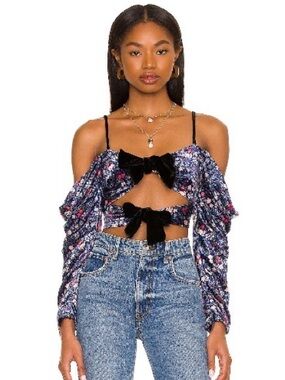 Tularosa Navy Floral Cutout Crop Top with Black Velvet Bows